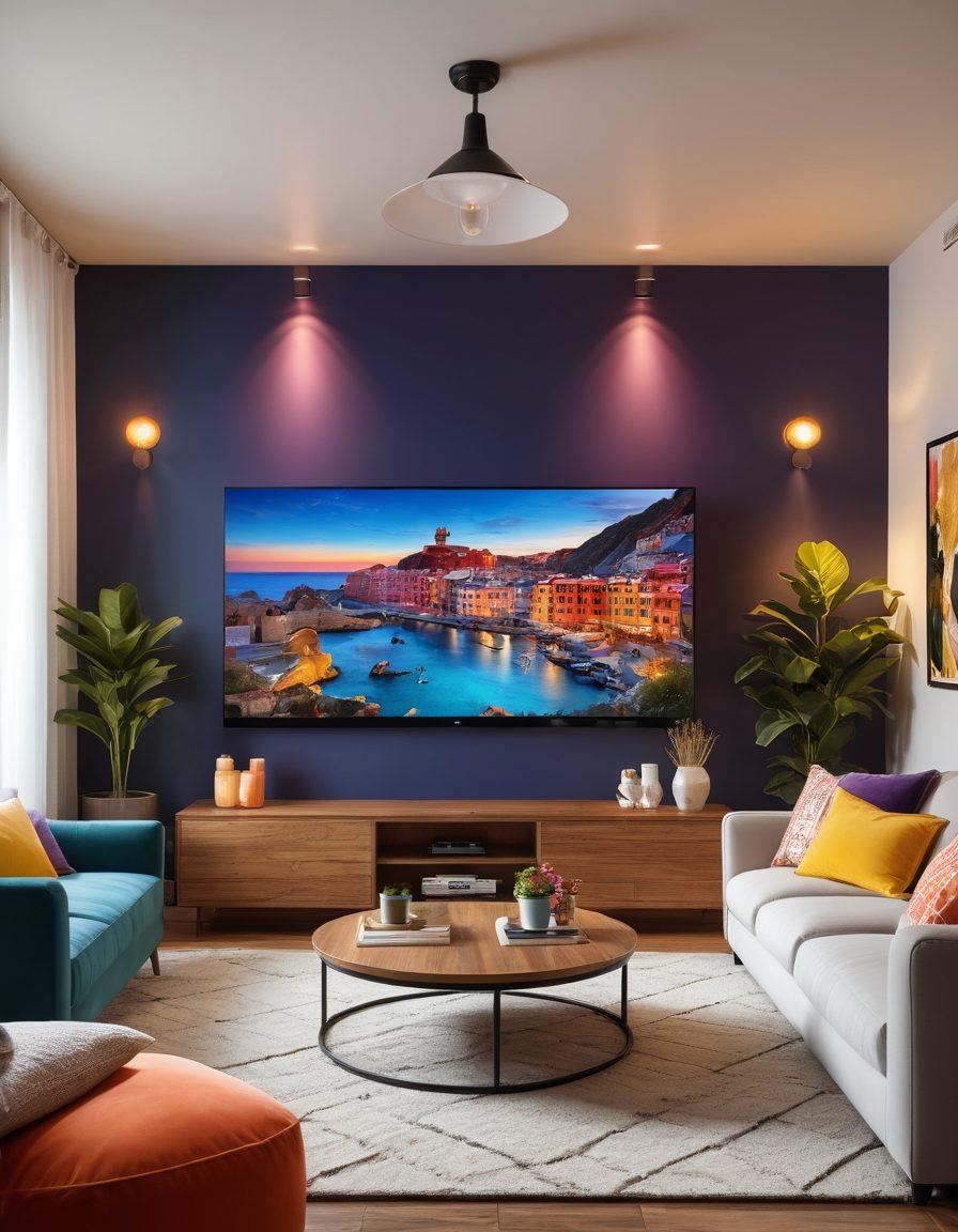 A cozy living room setup featuring a large, modern screen displaying vibrant, cheerful content like animated characters and colorful scenes. Surround the screen with plush seating and snacks, like popcorn and drinks, creating an inviting atmosphere. Include subtle elements of technology, like smart gadgets and glowing lights, to emphasize the enhanced viewing experience. The overall vibe should be warm and delightful, inviting audiences to dive into the cheerful content with enthusiasm. super-realistic. vibrant colors. cozy ambiance.