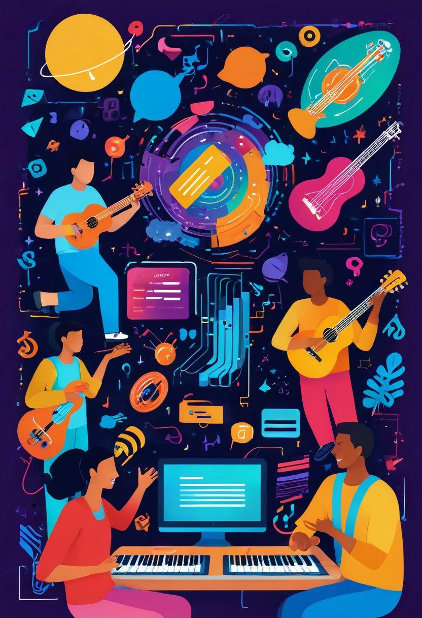 A vibrant and colorful scene featuring a diverse group of people joyfully engaging in playful programming activities with colorful code snippets floating around them. A background filled with lively entertainment props like musical instruments and cheerful decorations to enhance the playful atmosphere. Smiling faces exuding happiness and creativity, inviting readers to explore the link between programming and joyful experiences. vector art. vibrant colors. lively background.