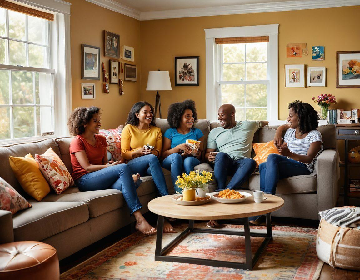 A warm, inviting living room setting filled with a diverse family gathered around a television, joyfully watching a vibrant animated film together. Colorful pillows and snacks are scattered around, while soft sunlight filters through the window, highlighting smiles and laughter. Playful art and family photos adorn the walls, creating a cozy and positive vibe. super-realistic. vibrant colors. cozy ambiance.